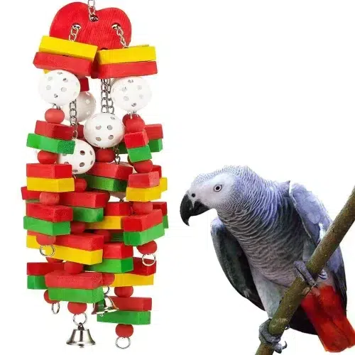 A Apple Blocks Large parrot toy, a large toy that features a variety of textured blocks that parrots can chew on and manipulate.