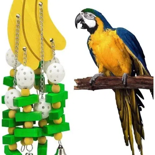 A Banana Blocks parrot toy, a fun and stimulating toy that encourages parrots to forage and chew. The toy features a unique banana shape and a variety of textured surfaces.