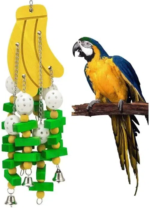 A Banana Blocks parrot toy, a fun and stimulating toy that encourages parrots to forage and chew. The toy features a unique banana shape and a variety of textured surfaces.