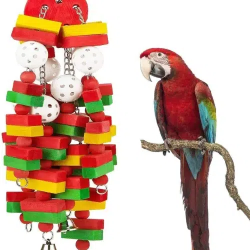 A Blocks and Bells Large parrot toy, a fun and stimulating toy that encourages parrots to forage, chew, and explore.