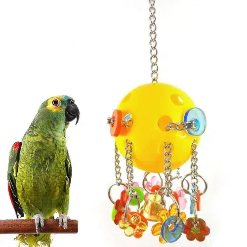 A colorful and eye-catching parrot toy featuring a flower-shaped ball suspended by a chain. The toy can be hung from any cage or playpen, allowing parrots to climb, swing, and chew to their heart's content.
