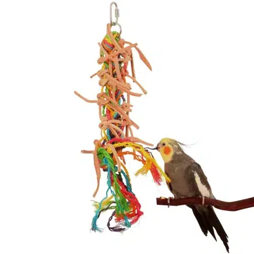 A parrot preening on a Preen Away parrot toy, which is a colorful and engaging toy with a variety of textured surfaces and materials that mimic the natural materials that parrots preen against in the wild.