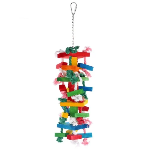 A Ropes and Hopes parrot toy, featuring a variety of colorful and durable ropes and knots